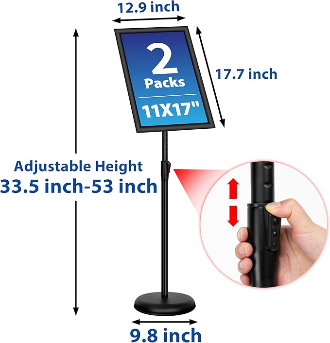 Adjustable Sign Holder Stand - 2Pack 11x17 Inch Pedestal Poster Sign Stand, Heavy Duty Floor Standing Sign Stand Aluminum Snap Open Frame for Church Business Store Sign Holder Stands (Black)