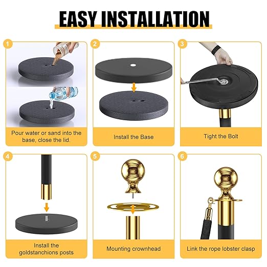 kaiyomi 4Pcs Stanchions with Black Velvet Ropes Set, 5 Feet Velvet Ropes and Posts Poles for Red Carpet Party Decoration and 360° Photo Booth (Golden & Black)
