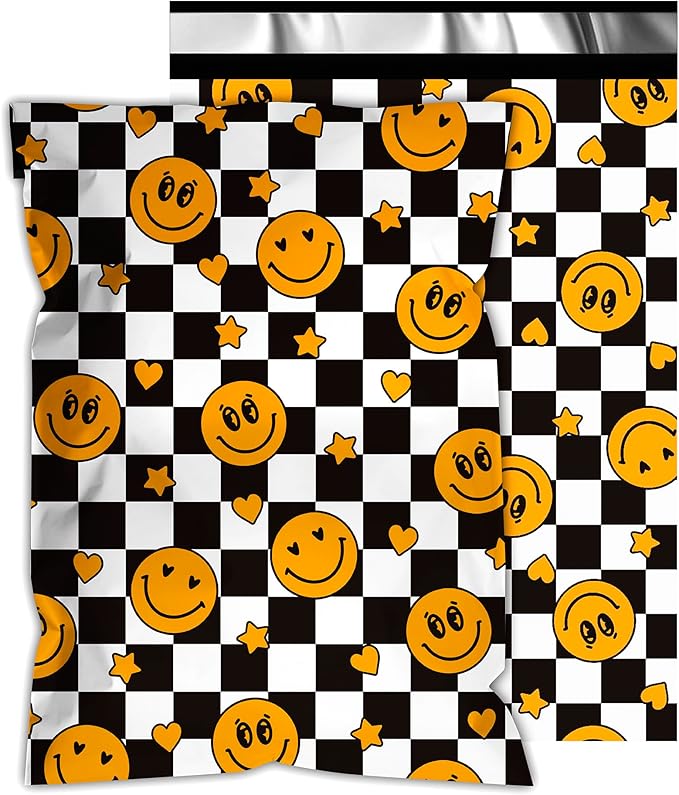 Poly Mailers 12x15.5 Inch 50 Pcs - Smiles Checkerboard Printed Shipping Bags,Waterproof and Tear Resistant Mailing Envelopes, Self-Sealing Packaging Bags for Small Business
