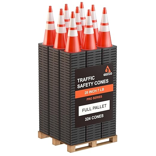 GECCO ™ (324 Cones per Pallet) 28 Inch 7 Lb Heavy Duty Orange Traffic Cones in Bulk | Durable Safety Cones, Orange Cones, Parking Cones, Construction Cones | PVC Plastic & Black Base - [PRO Series]