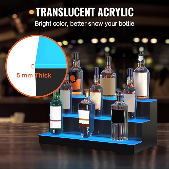 VEVOR LED Lighted Liquor Bottle Display, 3 Tiers 24 Inches, Supports USB, Illuminated Home Bar Shelf with RF Remote & App Control 7 Static Colors 1-4 H Timing, Acrylic Lighted Shelf for 18 Bottles
