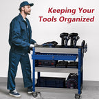 3 Tier Rolling Tool Cart on Wheels, Heavy Duty Industrial Utility Cart Service Cart with Drawer and Screwdriver Rack Pegboard, 550 LBS Mobile Tool Storage Organizer for Workshop, Garage(Gray-Blue)