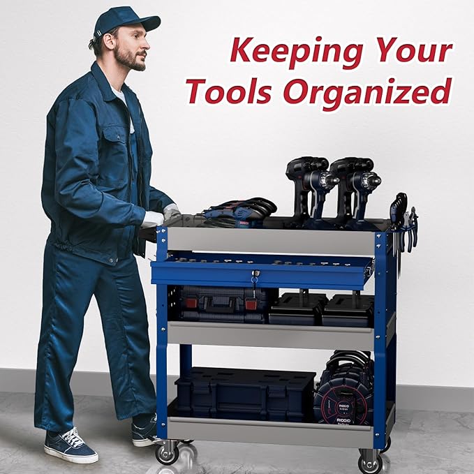3 Tier Rolling Tool Cart on Wheels, Heavy Duty Industrial Utility Cart Service Cart with Drawer and Screwdriver Rack Pegboard, 550 LBS Mobile Tool Storage Organizer for Workshop, Garage(Gray-Blue)