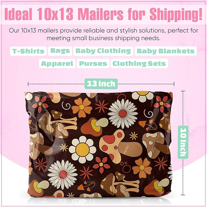 10x13 Poly Mailers – Cottagecore Mushrooms – Waterproof, Tear-Resistant Shipping Bags with Adhesive Seal – 25 Pack – Package Mint