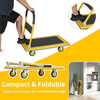 Foldable Push Cart Dolly, Heavy Duty Flat Bed Cart with Wheels & Non-Slip Mat, 360° Mute Wheels for Easy Maneuver, 660lbs, Easy to Assemble – Ideal for Household Tasks, Grocery Delivery, Yellow