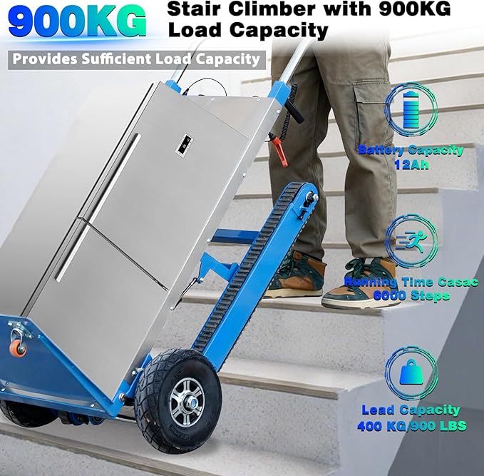 Electric Stair Climbing Dolly, 1250W Electric Stair Climbing Hand Truck, 900lbs Max Load Capacity, 3 Mode Folding Stair Climber Hand Trucks with Telescopic Handle for Moving (Blue+Black/Big Wheels)