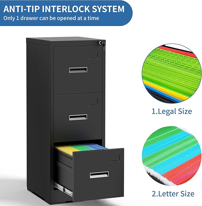 3 Drawer File Cabinet with Lock and Card Slot, Metal Vertical Filing Cabinets for Home Office, Steel Storage Cabinet for Hanging Legal/Letter Size Files, Assembly Required (Black)