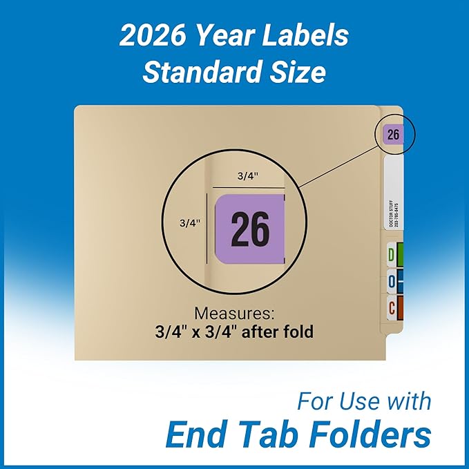2026 Year Labels, Doctor Stuff 2026 Chart Stickers, Fluorescent Violet Color Coded, USA Made Year Stickers for End Tab File Folders, 500 Labels/Roll in a Dispenser Box, 3/4" x 1-1/2"