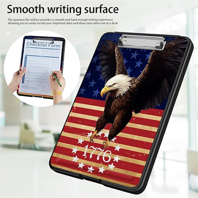 Clipboard with Storage,Office Supplies Nursing Clipboards Folder with Pen Holder Plastic Foldable Clip Board with Storage for Nurse Teacher,Flag Eagle