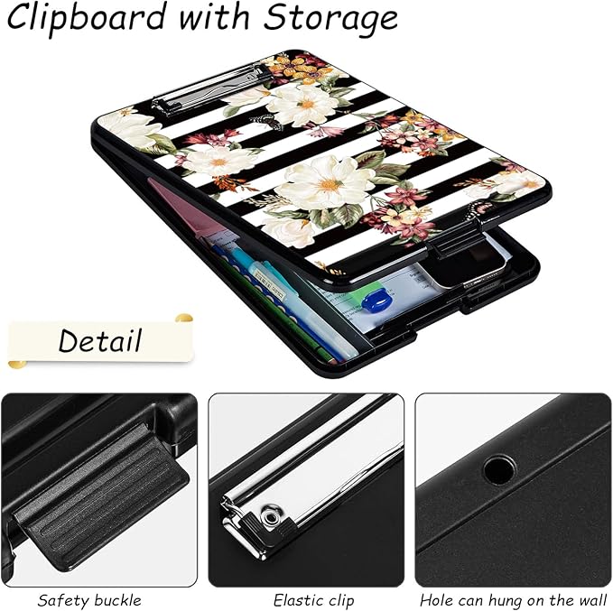 Clipboard with Storage, High Capacity Plastic Storage Clipboard with Low Profile Clip for Women Teachers Work, School & Office Supplies, Cute Pattern Decorative Clipboards, Flower