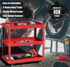 Tool Cart on Wheels, 3 Tier Rolling Mechanic Utility Cart, Heavy Duty Steel, Lockable Wheels, 450 LBS Capacity for Garage, Warehouse, Workshop