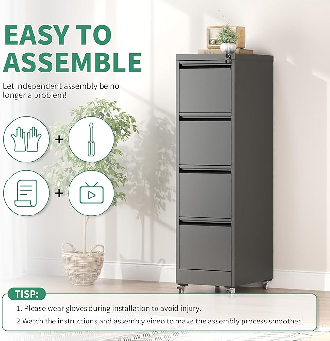 4 Drawer Mobile File Cabinet, Under Desk File Cabinet,Metal Filing Cabinets with Lock for Home Office Organizer Letter/Legal/A4,Require Assembly (Black)