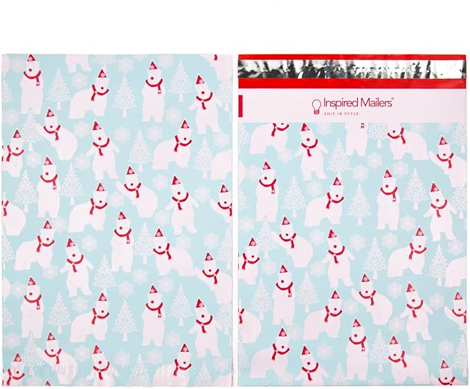 Inspired Mailers - Christmas Poly Mailers 10x13 Holiday Variety Pack of 30-10 each: Polar Bears, Red Christmas Trees, Blue Snowflake Baubles (10x13, 30 Pack)
