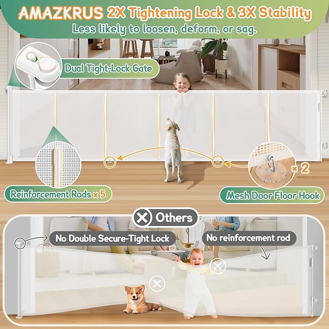 Retractable Baby Gates Extra Wide 150" × 34" Tall for Large Opening 12.5 Foot Retractable Dog Gate for Doorways, Stairs, Aisle, Indoor/Outdoor Retractable Gate for Garage, Hallways, Deck