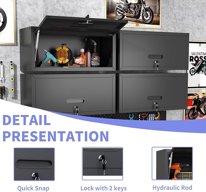 Metal Garage Wall Cabinet with Lock, Wall Mounted Metal Storage Cabinets with Flip-Up Doors, Lockable Floating Tool Storage for Garage Basement Utility Room