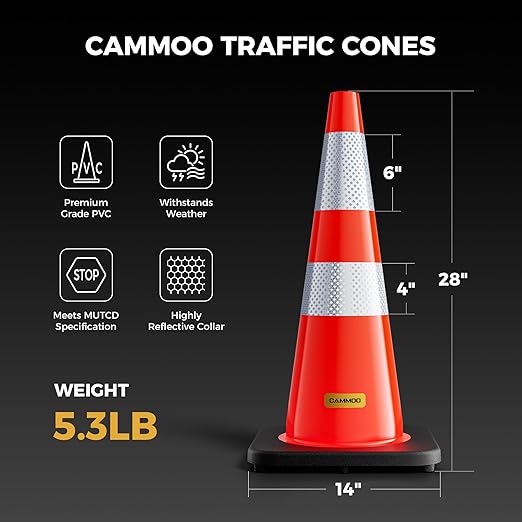 10 Pack 28 Inch Traffic Cones with Black Base, from -22℉ to 131℉, MUTCD-Compliant Orange Safety Cone with Reflective Collar ＆ Extra Caution Tape for Parking Lot, Construction Work, Road Safety