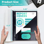 Binditek 20 Pack Clear Front Report Covers with 3 Prongs, 100-Sheet Capacity, Heavy-Duty Plastic Report Folder with Black Back Covers, 3 Metal Prongs Fasteners, Card Slot, for Letter Size