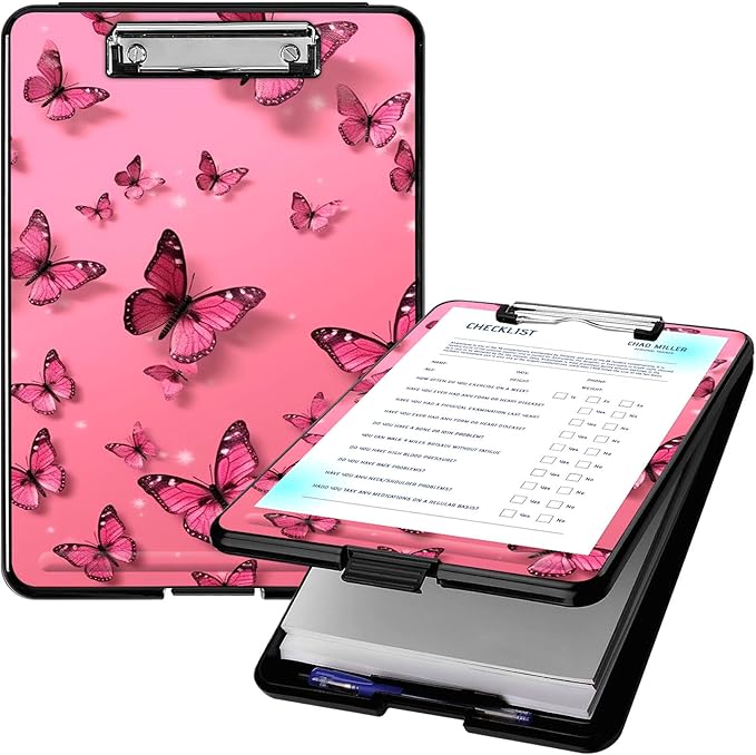 Clipboard with Storage, High Capacity Plastic Storage Clipboard with Pen Holder for Women Teachers Work, School & Office Supplies, Cute Pattern Decorative Clipboards, Butterfly