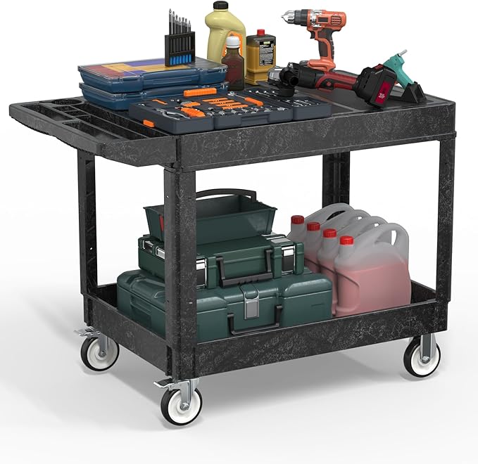 Heavy Duty Plastic Utility Cart with Wheels, Rolling Flatbed Tool Cart on Wheels, Service Cart for Garage, Warehouse, Workshop, Office, Cleaning (Black-45.7 inch)