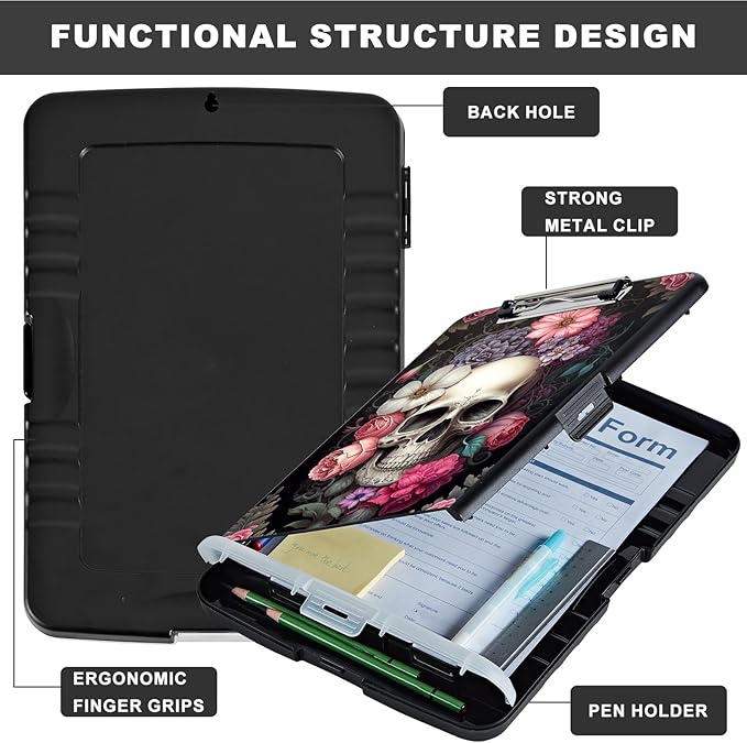 Clipboard with Storage,Heavy Duty Plastic Storage Clipboard with Low Profile Clip,Teacher Must Haves,Office Supplies,Rose Flower Skull