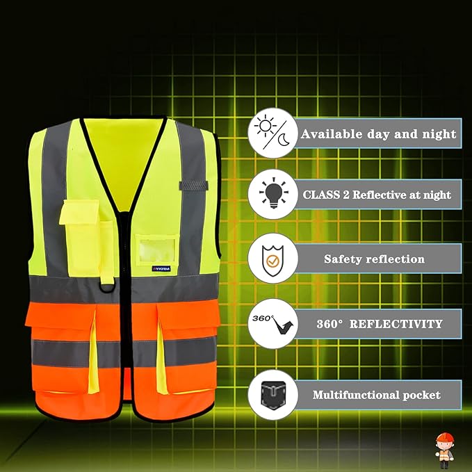 A-SAFETY High Visibility Safety Vest, ANSI Class 2 Identification Security Vest with 2'' Reflective Silver Strip, Front Zipper Construction Vest for Night, Orange&Yellow Color Mixed, XXL