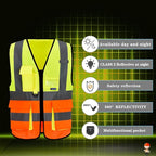 A-SAFETY Industrial Safety Vest, Hi Vis 9 Pockets High Visibility Zipper Front Reflective Safety Vest, Orange&Yellow Color Mixed, XL