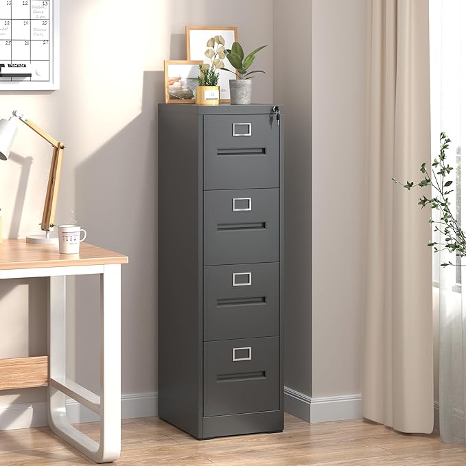 4 Drawer File Cabinet,Black Vertical File Cabinet with Lock for A4/Letter/Legal Size Files,Steel Filing Cabinets for Home Office,Assembly Required