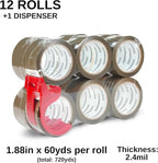 12-Pack Brown Packing Tape with Dispenser, 2.4 Mil 1.88 Inch x 60 Yards,Total 720yds,12 Refills Rolls Packaging Tape for Moving, Shipping and Storage