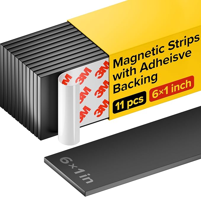 Magnetic Strips with Adhesive Backing - Magnetic Tape for Crafts - Tool and Knife Magnet Strips for Kitchen, Garage and Garden - Adhesive Magnetic Tool Holder Strip for Wall (11 Pieces, 6" x 1")
