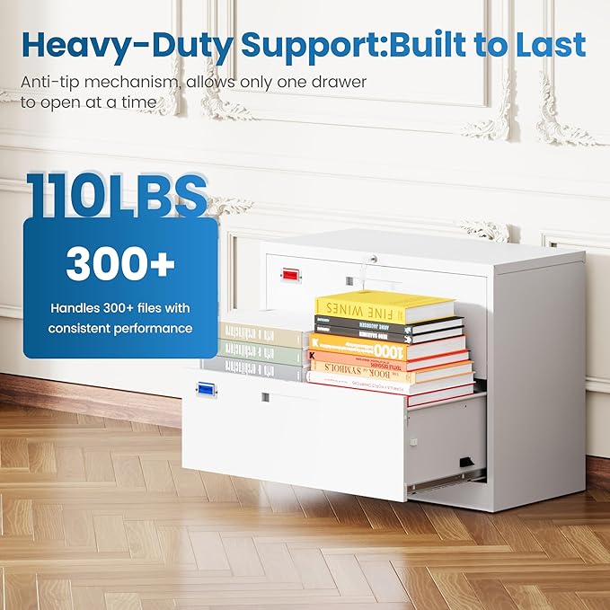 2 Drawer File Cabinet, Lateral Filing Cabinets for Home Office, Office Storage Drawers with Lock, Hanging Files Legal/Letter A4 Size (Assemble Required,White)