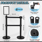 Therwen 6 Pcs Double Retractable Belt Barrier with Stanchion Dual Retractable Safety Belt Heavy Duty Crowd Control Stanchions Stainless Steel Post Holder Safety Barrier Stand (16.4 ft,Black)