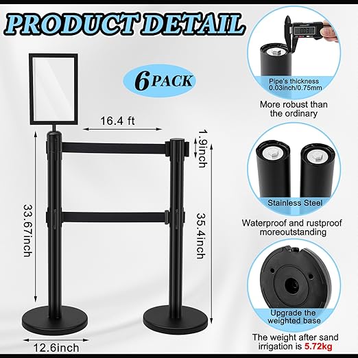 Therwen 6 Pcs Double Retractable Belt Barrier with Stanchion Dual Retractable Safety Belt Heavy Duty Crowd Control Stanchions Stainless Steel Post Holder Safety Barrier Stand (16.4 ft,Black)