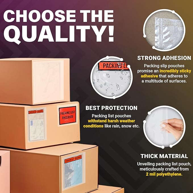 ABC Enclosed Pouches 7 x 5 Inch. 1000 Pack Clear, Red & Black 2 Mil Polyethylene Self Seal Packing List Envelopes