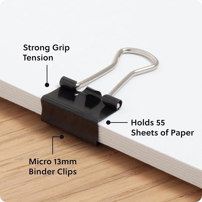 U Brands Binder Clips, Micro 1/2-Inch Width, 1/5-Inch Paper Holding Capacity, Black and Silver Steel, 100-Count - 650U08-24