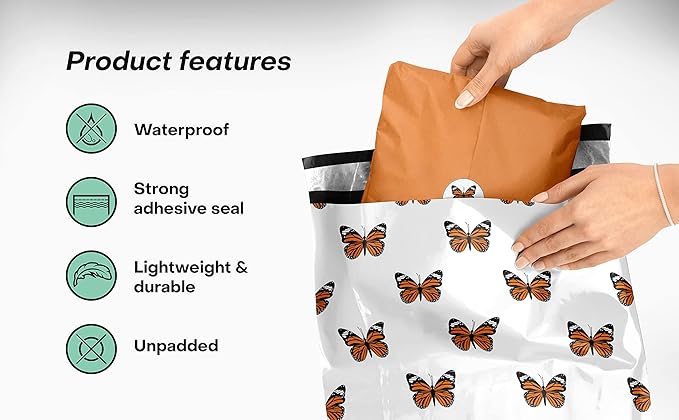 10x13 Poly Mailers – Butterfly Design – Waterproof, Tear-Resistant Shipping Bags with Adhesive Seal – 100 Pack – Package Mint