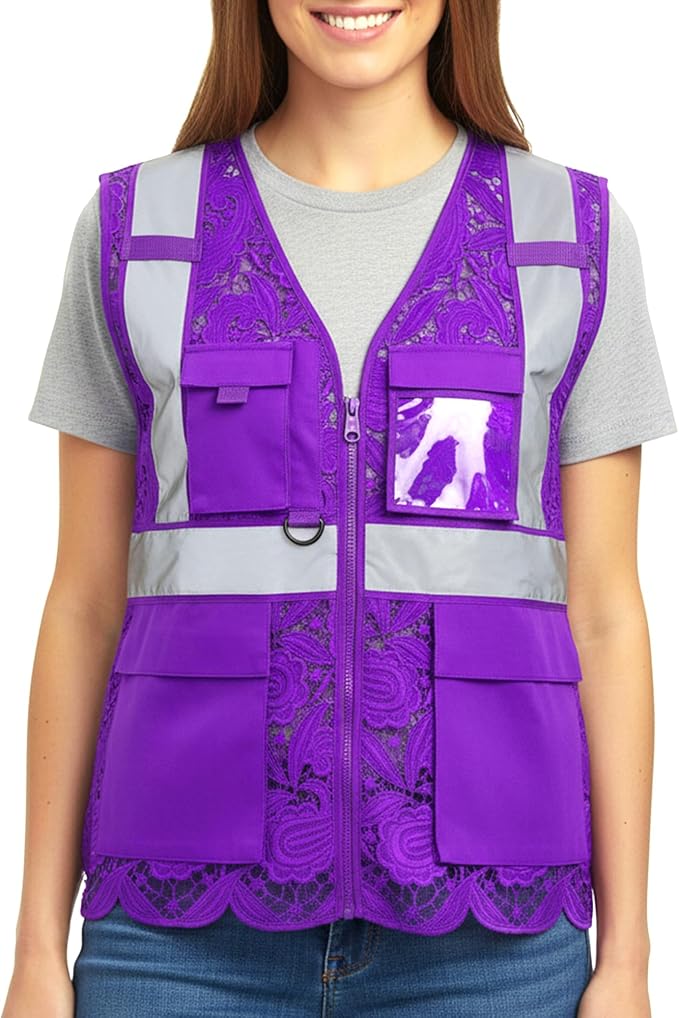 Lace-Mesh Safety Vest for Women & Men - Breathable, High Visibility Vest with Zipper & ANSI Class 2 Reflective Strips