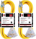 EP 2 Pack 25 Ft 12 Gauge Heavy Duty Extension Cord, 15A 125V 1875W, 3 Outlet Indoor/Outdoor Power Cord with Lighted End, 12/3 SJTW Weatherproof Yellow, UL Listed