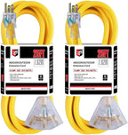 EP 2 Pack 25 Ft 12 Gauge Heavy Duty Extension Cord, 15A 125V 1875W, 3 Outlet Indoor/Outdoor Power Cord with Lighted End, 12/3 SJTW Weatherproof Yellow, UL Listed