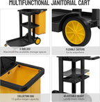 TUFFIOM Commercial Traditional Cleaning 3-Shelf Janitorial Cart, 500 Lbs Capacity Housekeeping Cart, Wheeled with Yellow VinylBag and Cover w Lid, Black,