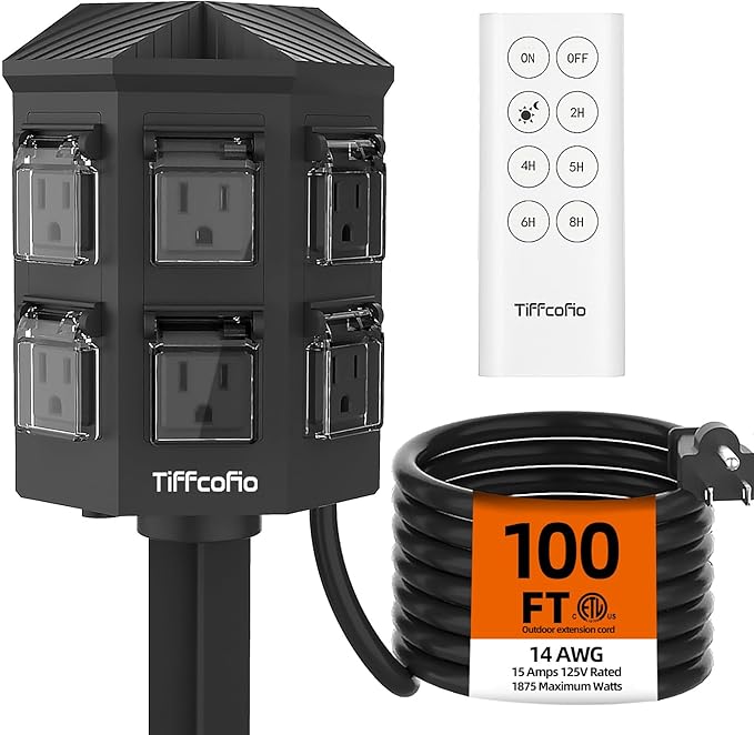 Outdoor Power Strip with 100FT Extension Cord, 100FT Remote Control, Dusk to Dawn Light Timer Waterproof, 6 Grounded Outlets for Yard, Pool and Garden, ETL Listed