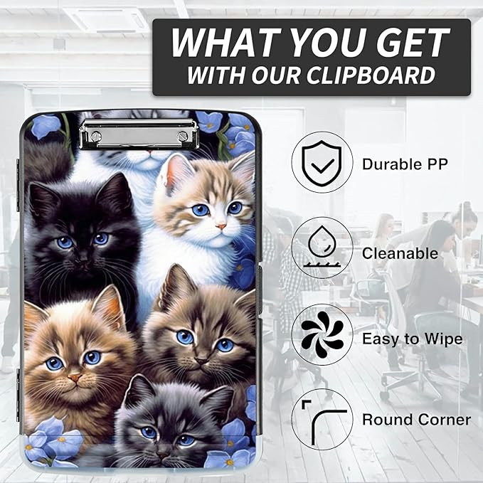 File Clipboard Storage with Pen Holder High Capacity Plastic Nursing Clipboards File Folder Storage Box Clipboard with Heavy Duty Clips for Teacher,Doctor,Offices-Cute Cat