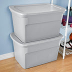 Sterilite 30 Gal Storage Tote, Stackable Bin with Lid, Plastic Container to Organize Clothes, Blankets in Closet, Basement, Gray Base and Lid, 6-Pack
