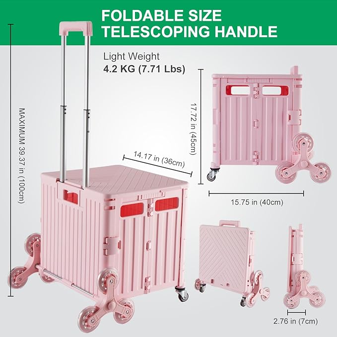 Foldable Utility Cart with Stair Climbing Wheels, Collapsible Rolling Crate with Telescoping Handle, Folding Shopping Trolley Handcart Grocery Book File Tool Teacher Storage Basket (Pink)