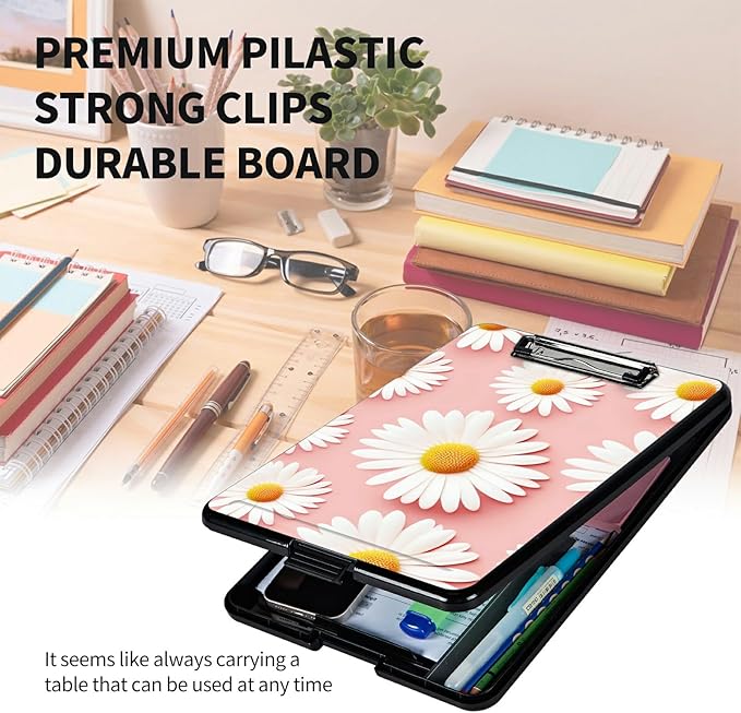 A4 Clipboards,Heavy Duty Waterproof Nursing Plastic Folder Clipboard with Storage Clip Boards,File Folder Storage Box Clipboard Case for Teacher,Doctor,Offices,Pink Daisy