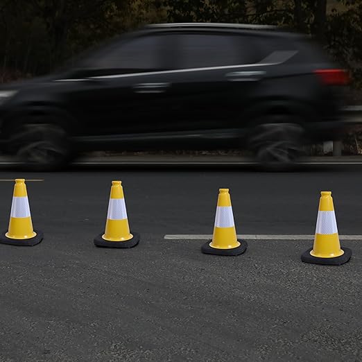 OrangeStar 4-Pack 12" Traffic Cones, Weighted Safety Cones with Reflective Collar for Driving Practice, Sports Training, Parking Lots & Construction, Indoor & Outdoor Use, Yellow