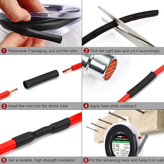 Chanzon 2:1 Ratio 1/42" (0.6mm) Heat Shrink Tubing 8Ft Roll (2.5M Total Length) Black Polyolefin Sleeving Wrap Shrinking 2 to 1 1pcs