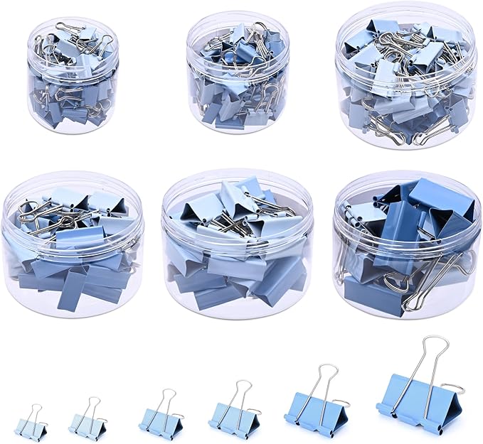 Temiary 208 Pcs Metal Binder Clips, Assorted Sizes Extra Large, Large, Medium, Small, Mini, Micro Binder Paperwork Clip, Morandi Colored Paper Clamps Bulk for Office, Home, School (Blue)
