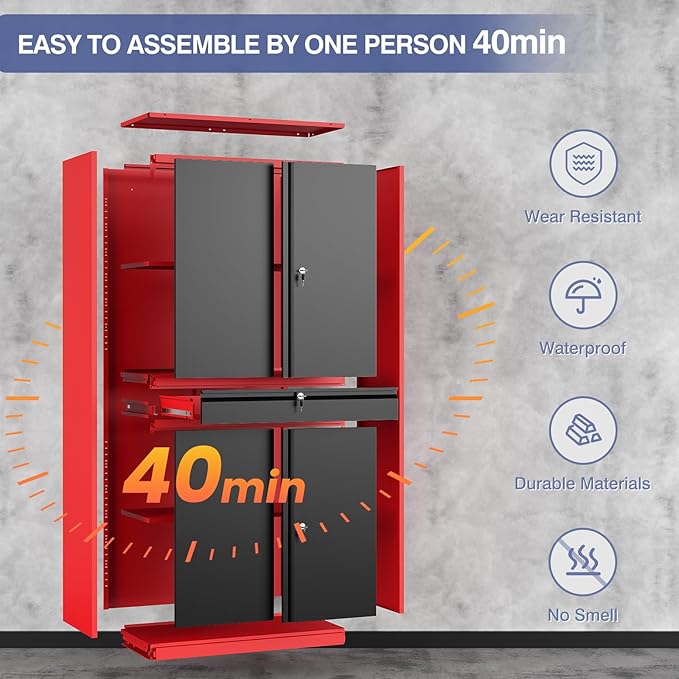 Metal Garage Storage Cabinet with Locking Doors and Drawer, 71" Steel Tool Storage Cabinet with Adjustable Shelves for Garage,Office,Warehouse (Red Black)