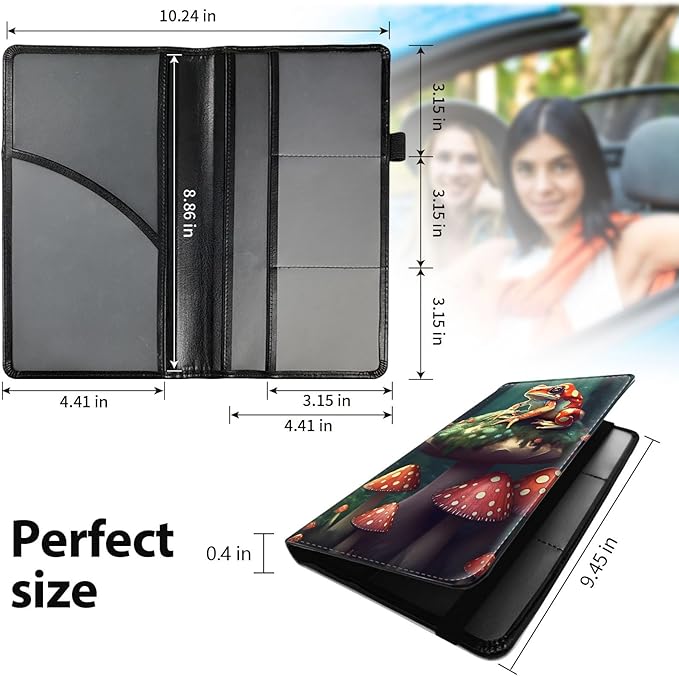 Car Registration and Insurance Holder, Leather Car Glove Box Organizer, Cool Car Accessories for ID, Driver's License Cards & Essential Document,business cards,Men&Women,Mushroom and Frog Forest