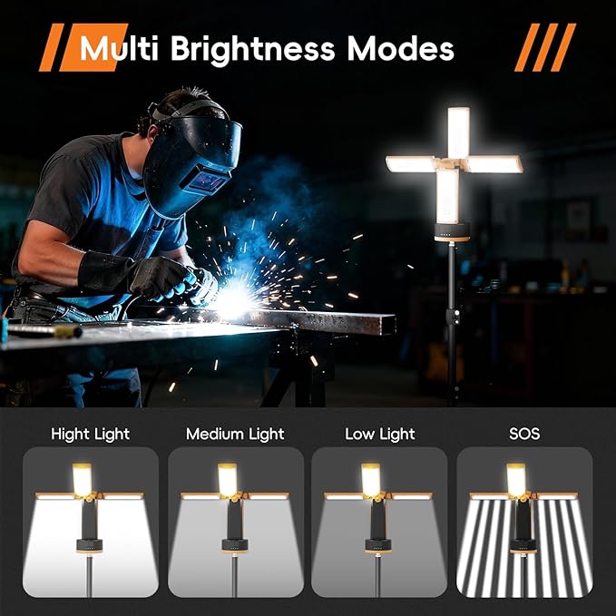 T-SUN Rechargeable Camping Light with Stand, 10400mAh LED Work Light 4100 Lumens with 4 LED Lamp Heads, Portable Work Light with Detachable Tripod 67" Max Height, Magnetic Emergency Flashlight